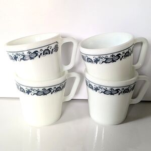4 Vintage Pyrex Old Town White Milk Glass Coffee Mugs Blue Onion Floral Pattern